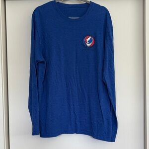 Grateful Dead inspired Blue Long Sleeve Shirt with Logo. Two Rivers Fly Fishing.